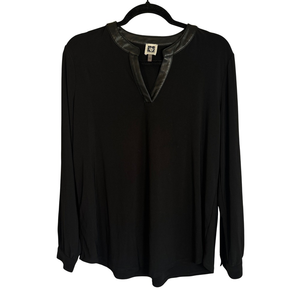 Anne Klein Black Long Sleeve Blouse Faux Leather Trim Split Neck Top Womens L
